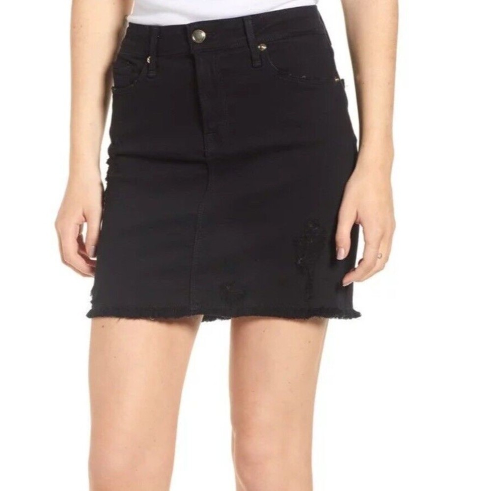 Good American Black Denim Fringe Hem Distressed Mini Skirt 24 Grunge Bratz Y2K